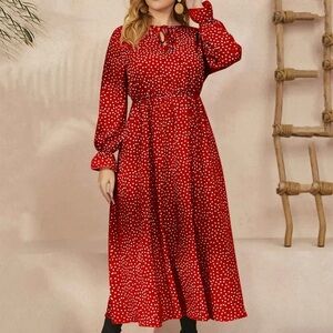 Red Polka Dot Midi Dress – Long Sleeve, Boho Chic, Elegant & Comfortable